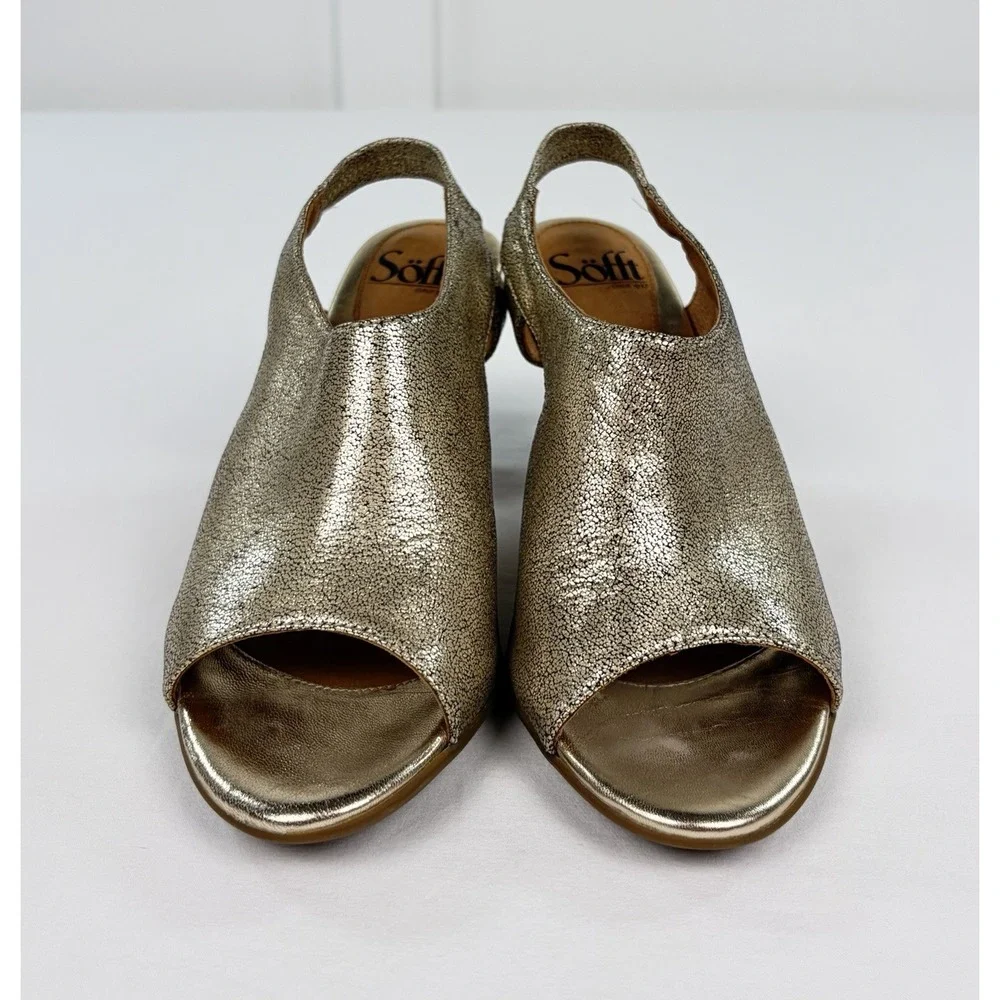 Sofft Womens 7.5 M Gold Metallic Crackle Leather Peep Toe Slingback Heels Shoes